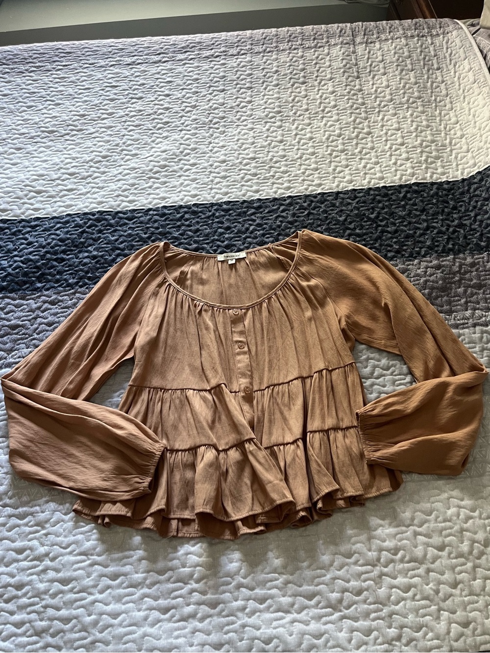 Francesca's Collections Tiered Peasant Blouse in Camel Brown